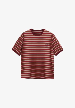 Rood- en beige gestreept T-shirt met korte mouwen, een ronde hals en een subtiel geborduurd detail op de linkerborst aan de voorkant.