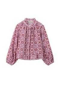 Langärmelige Bluse in Pink mit einem prächtigen, wirbelnden Muster. Verfügt über einen Rüschenausschnitt und eine Knopfleiste, mit gerafften Ärmeln. Leichtes Material.