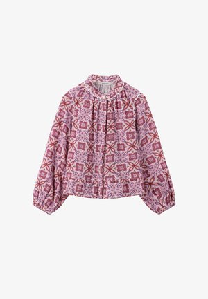 Long-sleeve blouse in pink with an ornate, swirling pattern. Features ruffled neck and button front, with gathered sleeves. Lightweight fabric.
