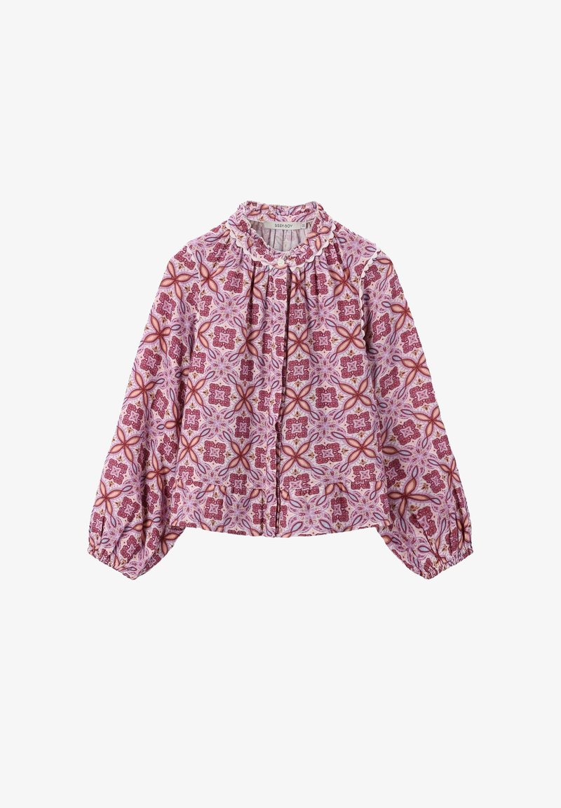 Langärmelige Bluse in Pink mit einem prächtigen, wirbelnden Muster. Verfügt über einen Rüschenausschnitt und eine Knopfleiste, mit gerafften Ärmeln. Leichtes Material.