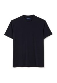Camiseta de algodón negra con cuello redondo, mangas cortas y una textura suave. Presenta una etiqueta cosida en el interior del cuello con "PIOMBO."