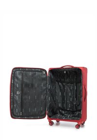 Rode koffer met een harde buitenkant, met een gemarmerde zwarte binnenzijde. Vier wielen, dubbele ritsen en een binnenvak voor organisatie.