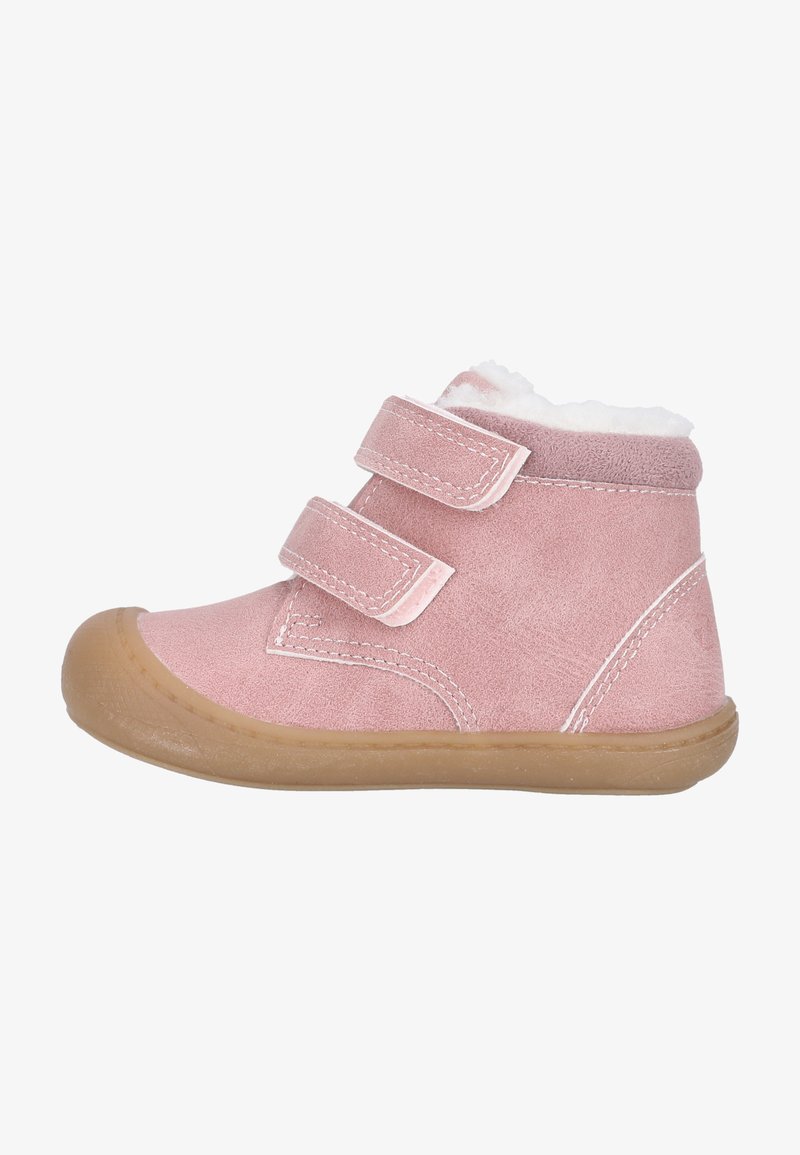 Pink suede toddler boots with fuzzy lining, two Velcro straps, rounded toe, and soft rubber sole. Stitched accents along the edges.