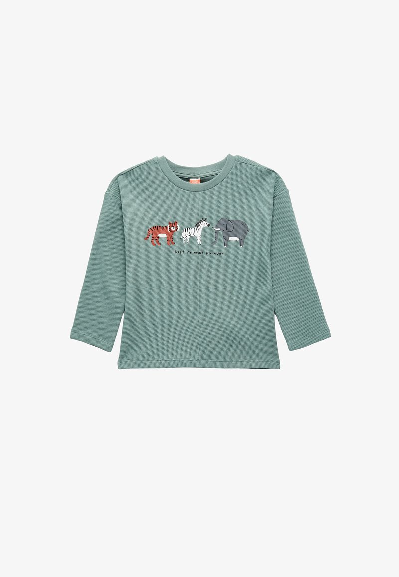 Grünes Langarmshirt mit strukturierter Oberfläche. Mit Tierillustrationen: ein Tiger, ein Zebra und ein Elefant, mit dem Text "beste Freunde für immer".