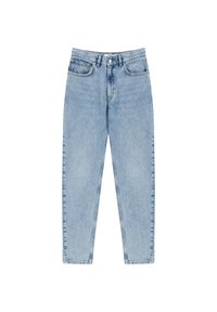 Vaaleansiniset farkut, joissa on suora lahje, viisi taskua ja nappikiinnitys. Kulunut pinta ja haalistunut pesu.