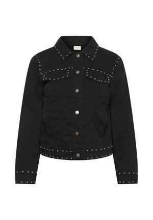 Melna džinsa jaka ar sudrabotiem kniedēm apkaklē, kabatās, aprocēs un apakšmalā, ar priekšējām sprādzēm un garām piedurknēm.