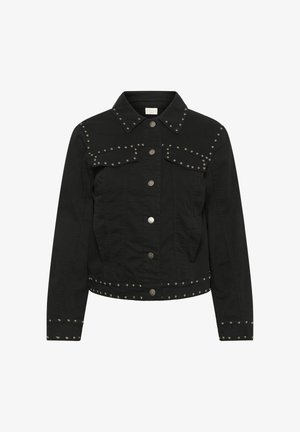 Fekete farmerdzseki ezüst szegecsekkel a galléron, zsebeknél, mandzsettán és az alján, elöl patentos gombokkal és hosszú ujjakkal.