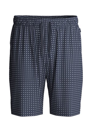 Marineblauwe zwembroek met een elastische tailleband, trekkoord en een geometrisch patroon van kleine witte vierkantjes. Gemaakt van lichtgewicht materiaal.