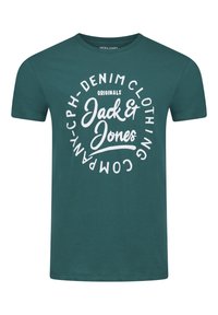 Camiseta de algodón en color azul verdoso con un gráfico circular blanco que incluye el texto “Jack & Jones” y “Denim Clothing Originals” en diferentes tipos de letra.