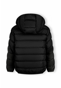 Sort hættepufferjakke med kviltet design, der har høj krave, elastiske manchetter og kant. Glat, blank tekstur med en afslappet pasform.