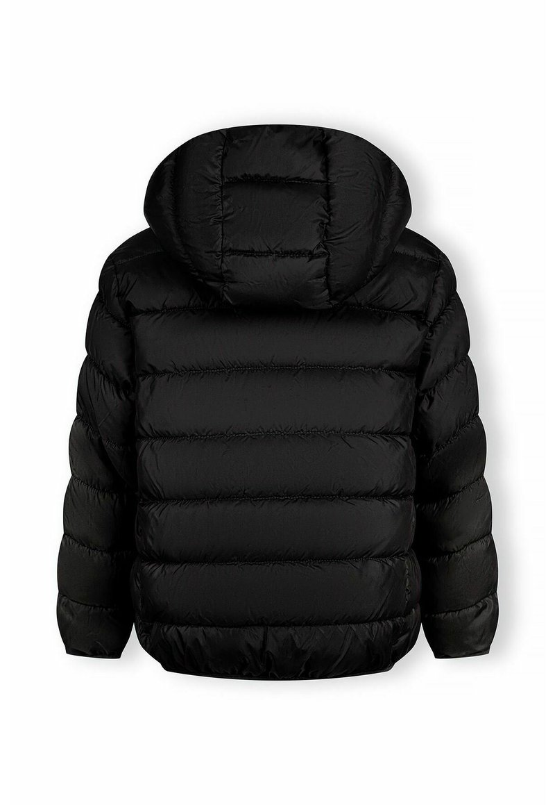 Giacca a vento nera con cappuccio e design trapuntato, dotata di un colletto alto, polsini elastici e orlo. Texture liscia e lucida con una vestibilità rilassata.