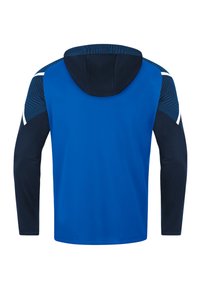 Hoodie met een levendig blauwe body, donkerblauwe mouwen en patroonaccenten op de schouders. Soepele textuur, atletische pasvorm.