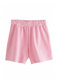 Shorts en vichy rose avec une taille élastique, présentant un motif à carreaux avec des carrés blancs, fabriqués en tissu léger.