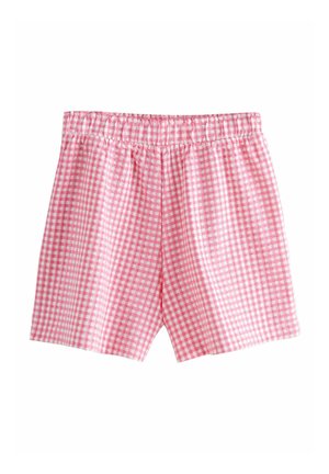 Pantaloni corti rosa a quadretti con vita elastica, caratterizzati da un motivo a scacchi con quadrati bianchi, realizzati in tessuto leggero.