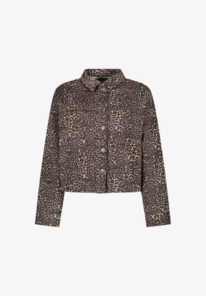 Veste courte imprimée léopard, avec un devant à boutons, un col, deux poches poitrine et des manches longues. Le matériau semble lisse avec une texture douce.