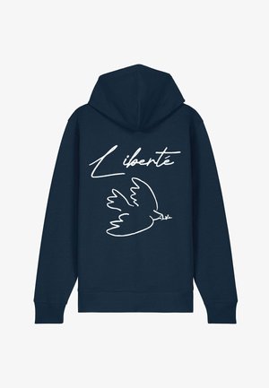 Navy hooded sweatshirt with white line drawing of a dove and the word "Liberté" on the back. Soft texture and relaxed fit.