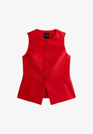 Rode mouwloze vest met een rechte snit. Bevat een rij knopen en zijzakken. Gemaakt van een gladde stof met een lichte glans.