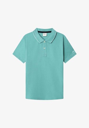 Turquoise polo shirt met een klassieke kraag. Beschikt over een placket met twee knopen en witte accenten op de kraag en mouw. Zachte textuur.