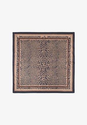 Firkantet tørklæde med beige og brun leopardmønster i midten og lagdelte brune og sorte kanter.