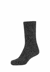 Strukturierte graue Wollsocke mit einem gerippten Bündchen und einem dicken Strickdesign, das sich zur Fußspitze hin verjüngt für bessere Passform und Komfort.