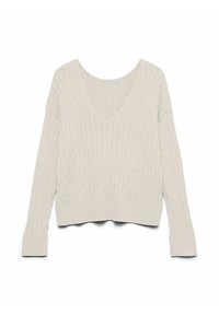 Kremowy bawełniany sweter dziany z dekoltem w serek, długimi rękawami i prążkowanym dołem. Posiada teksturowany wzór warkocza na całym korpusie i rękawach.