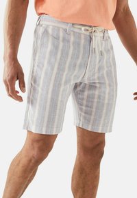 Pantaloni corti da uomo a righe, realizzati in tessuto leggero, con righe verticali blu, bianche e pesca, dotati di vita con cordoncino e tasche laterali.