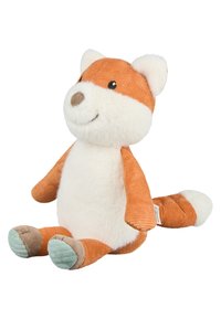 Plush orange fox toy with white accents, soft texture, round face, and stitched details. Sit with a bushy tail and colored paws in teal.