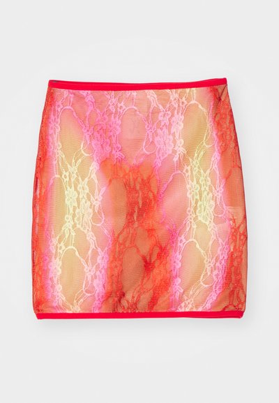 Sheer lace mini skirt with a gradient of pinks and reds, featuring a floral pattern, finished with a solid red waistband.