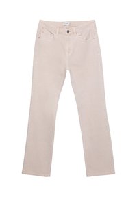 Ljust beige jeans med rak ben-design, tillverkade av denim. Har en framknappslås, fem fickor och subtila sömnadsdetaljer.