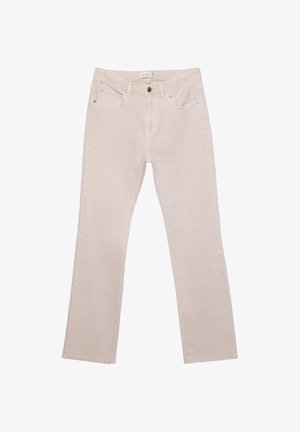 Světlé béžové džíny se střihem rovného nohavice, vyrobené z denimu. Obsahují přední zapínání na knoflík, pět kapes a jemné detaily šití.