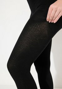 Leggings noirs texturés avec un motif géométrique, fabriqués dans un matériau extensible ; gros plan sur la jambe avec une main reposant sur le tissu.