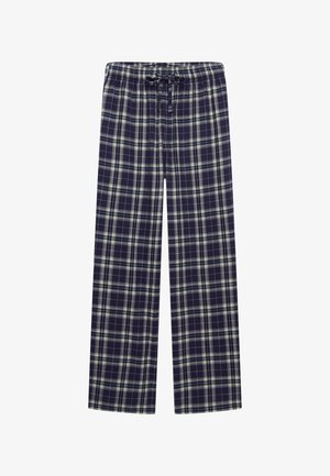 Pantalon de pyjama à carreaux bleu marine et blanc avec une taille élastique et un cordon de serrage, présenté sur un fond blanc.