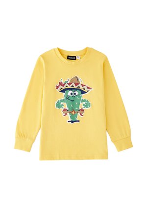 Maglietta gialla a maniche lunghe con un personaggio cactus dei cartoni animati che indossa un sombrero e tiene delle maracas ai lati.