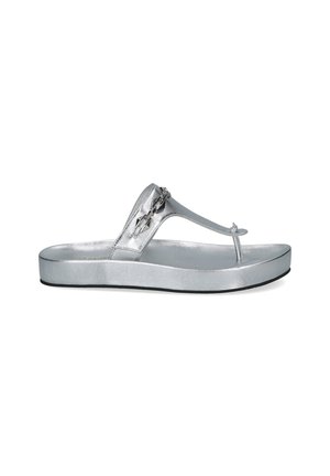 Silver metallic wedge sandal with thong strap and decorative geometric metal accents on upper band, flat black sole edge.