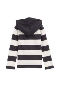 Kapuzensweatshirt mit langen Ärmeln, das durch horizontale schwarz-weiße Streifen, weiches Baumwollmaterial und eine dunkle Kapuze besticht.