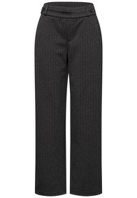 Pantalones grises de pierna ancha hechos de un tejido texturizado. Presentan un frente plano con una banda elástica y dos botones laterales. Sin bolsillos visibles.