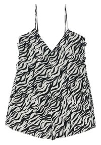 Romper con stampa zebra bianco e nero, scollatura a V, spalline regolabili e dettagli arricciati ai lati dei pantaloni. Tessuto leggero.