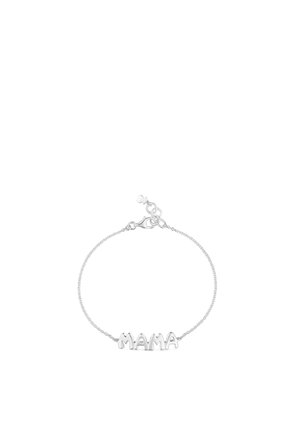 Pulsera de cadena de plata con la palabra "MAMA" en letras mayúsculas enlazadas en el centro y cierre de langosta.