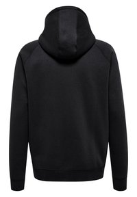 Svart huva sweatshirt med en slät textur, ribbade ärmslut och fåll. Har en känguruficka och en klassisk passform.