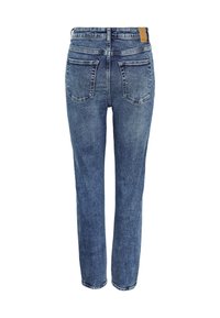 Blue denim jeans with a straight-leg design, five pockets, and a medium wash. Features a leather patch at the back waistband.