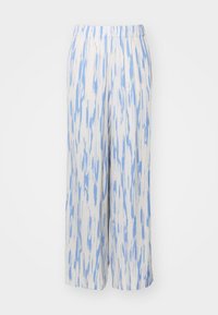 Lightweight, wide-leg pants in a white fabric with blue abstract patterns. Features an elastic waistband for comfort and ease of wear.