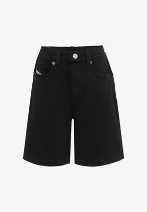 Zwarte spijkershorts met een taillehoogte halverwege, twee voorzakken en een knoopsluiting. Heeft subtiele stiksels en een rechte pasvorm.