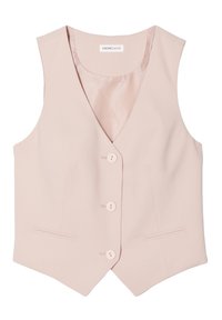 Lichtroze mouwloze vest met een v-hals, drie stoffen knopen en zijzakken. Soepele textuur met subtiele stikdetails.