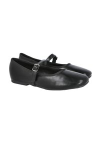 Bailarinas negras con punta redonda, correa ajustable y tacón bajo. Fabricadas en cuero suave con un diseño elegante y aerodinámico.