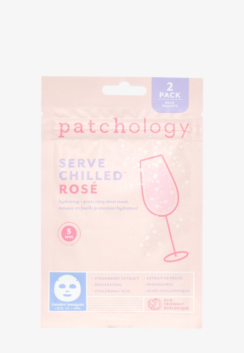 Patchology Gesichtsmaskenpackung mit pastellrosa Hintergrund, die eine sprudelnde Grafik, ein Champagnerglas und Text in Blau und Pink zeigt. Enthält zwei Masken.