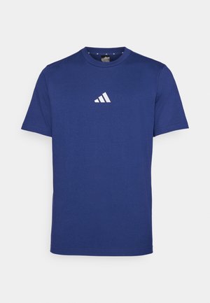 Navy blue cotton T-shirt with a ribbed crew neck, short sleeves, and a white logo featuring three stripes on the chest.