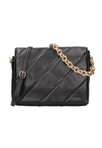 Borsa a tracolla in pelle nera con un design trapuntato, caratterizzata da cuciture diagonali, zip di chiusura e una robusta tracolla in catena dorata.
