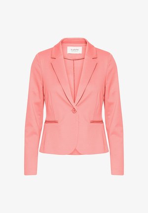 Korallpink blazer med en tætsiddende design, udskårne kraver, enkeltknaplukning og to frontlommer med piping-accenter. Blød tekstur.