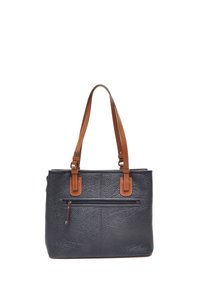 Navyblauwe textuur draagtas met bruine leren accenten, twee handvatten en een voorzak met rits. Heeft een gestructureerd ontwerp en contrasterende stiksels.