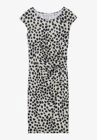 Knee-length dress in light beige with a black spotted pattern, featuring short cap sleeves and a side draping detail secured with a metallic accent.
